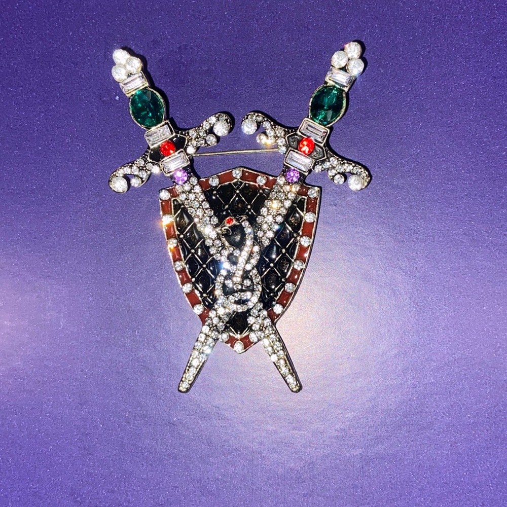 NEW SNAKE SWORDS & SHIELD RHINESTONED BROACH
